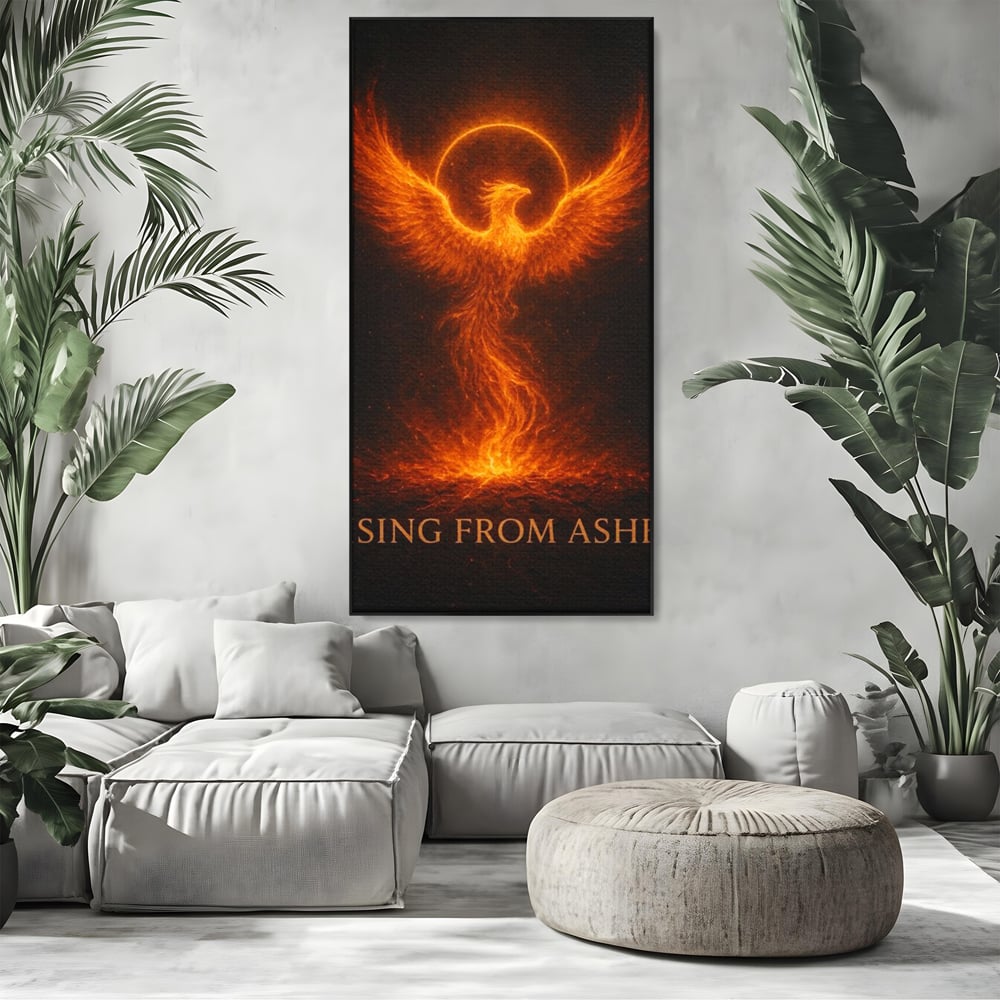 Tablou canvas cu ilustratie digitala cu pasarea phoenix din flacari, in rama de aluminiu negru, pe perete intr-un living